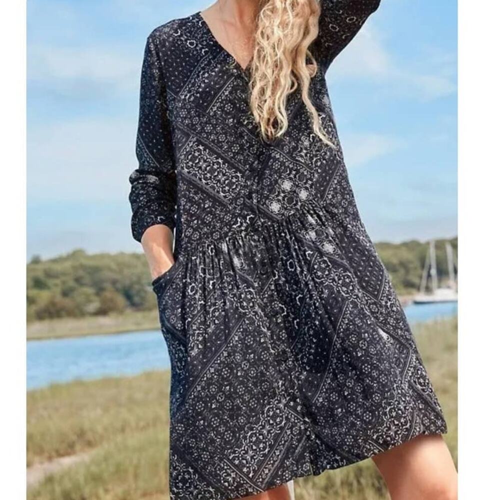 Garnet Hill Dress Womens Sz 2 Drop Waist Black Bandana Oversized Long Sleeve